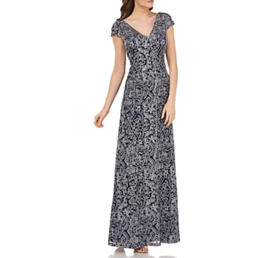 JS Collections Embroidered Lace Short Sleeve Evening Gown Blue Size 8 Dress